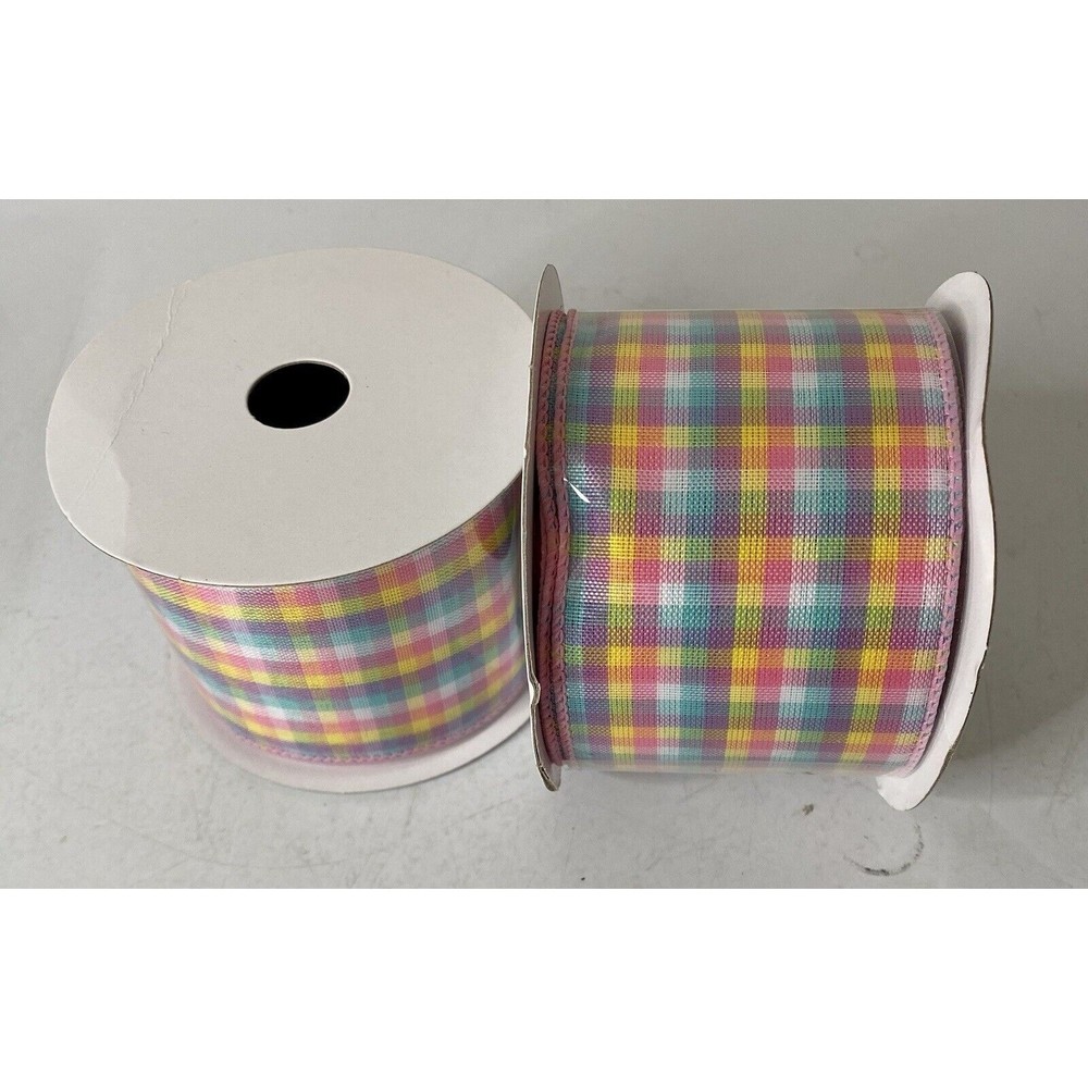 New 2 Rolls Wired Ribbon Pastel Plaid 3 Yards Each